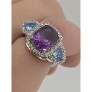 DSMK 925 Sterling Silver Real Amethyst Blue & White Topaz Ring Size 6.75